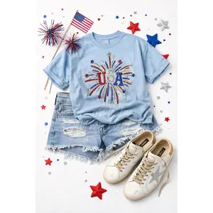 USA 4th of July Fireworks Sequin Patch Tshirt