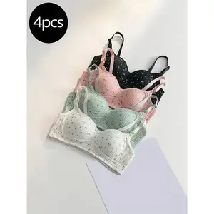 4-Pack Elegant Girls' Bras - Comfortable High Support, Wireless, Non-Removable Pads, Breathable Adhesive Blend, V-Neck Cross Back Design, Solid Colors (Black, Pink, Light Green, Mint Green), Slim Fit, Machine Washable, Polyester and Spandex Blend