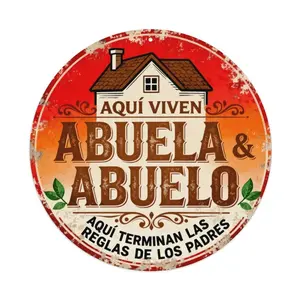 20cm Round Aluminum Sign | "Grandma & Grandpa Live Here" (Spanish Quote) — "Here the Parents' Rules End" — Vintage Rustic Wall Decor