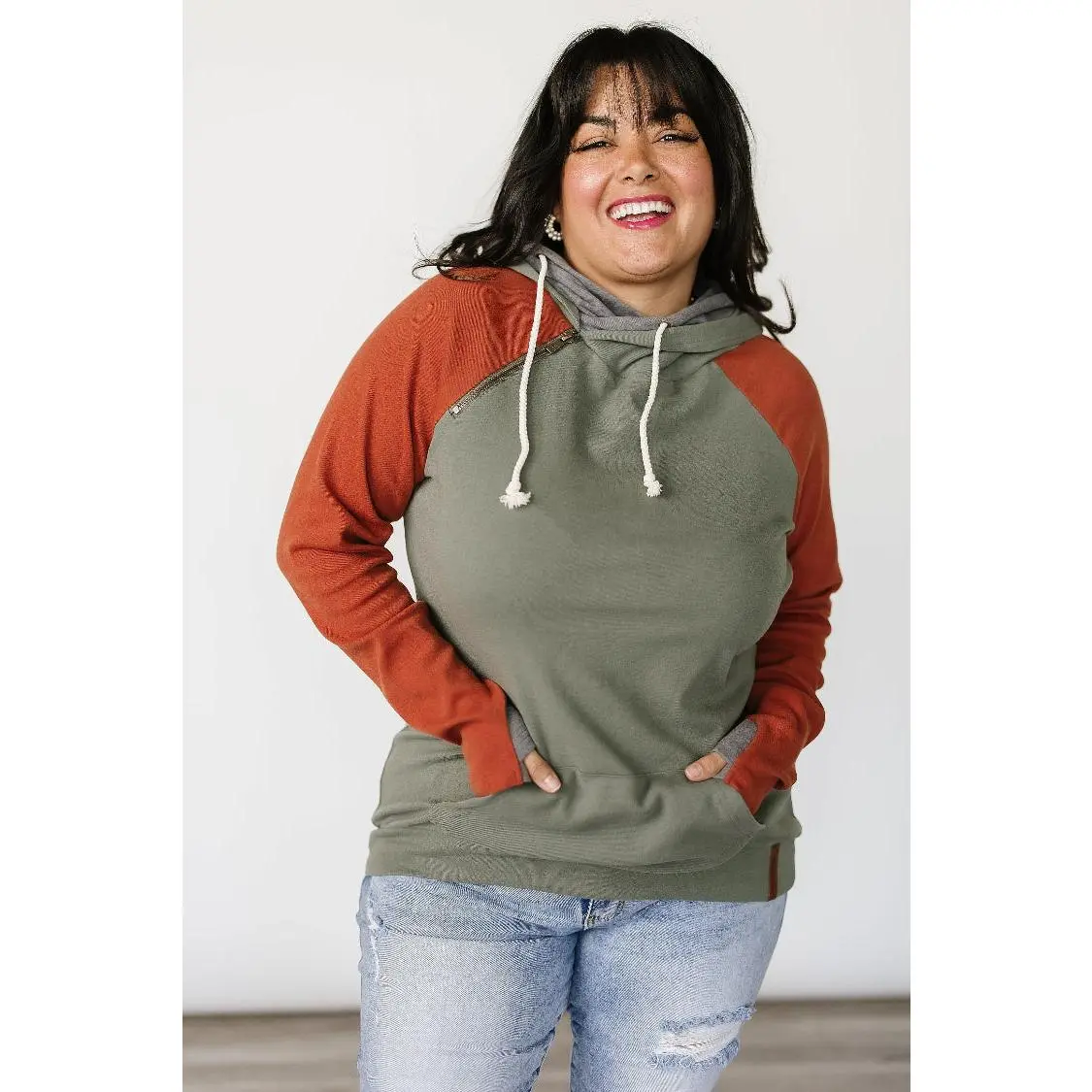 Women's DoubleHood Style Hoodie, Casual Green and Orange Colorblock Slim Fit Long Sleeve Top, Triple Stretch Cotton Spandex, Tops, Women's Hoodies, 95% Cotton Women's Hoodies