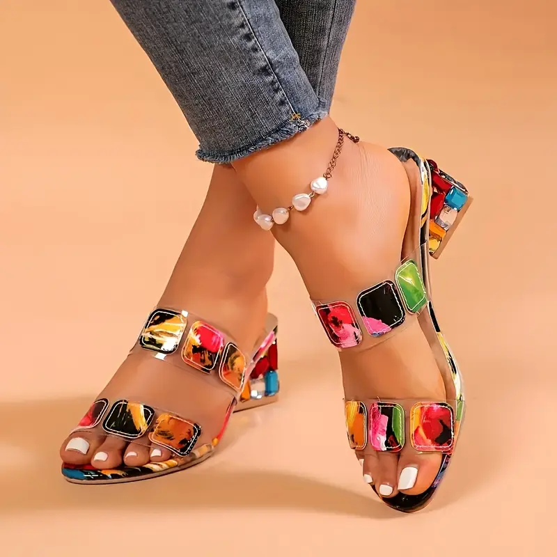 Women's Multicolor Random Print Open Toed Sandals, Synthetic Slip-On Platform High Heels with a Thick Rubber Sole, Thick Sole, Et52729, Platform Heel