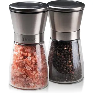 Salt and Pepper Mill Set - Salt Grinder and Pepper Grinder with Adjustable Ceramic Rotor - Stainless Steel Salt and Pepper Shakers - Salt and Pepper Set, Black Pepper, Sea & Himalayan Salt Glass Kitchen
