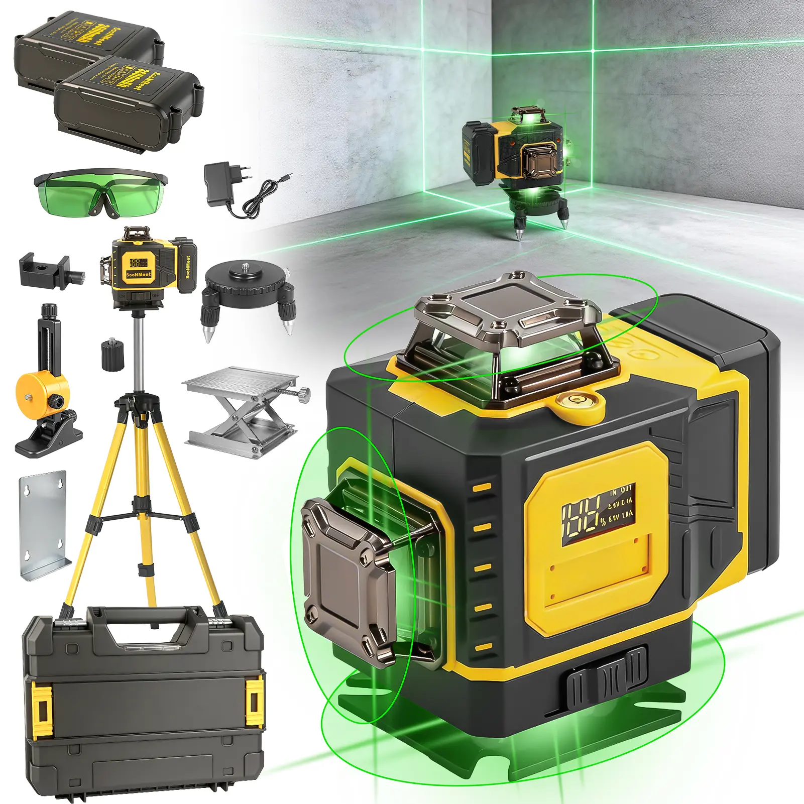 Laser Level, Laser Level 360 Self Leveling with Tripod, Green Lasers with Self-leveling, 3D Vertical & Horizontal Line, Level Tool with 3600 mAh Rechargeable Battery, for Picture Hanging, Measuring, Construction