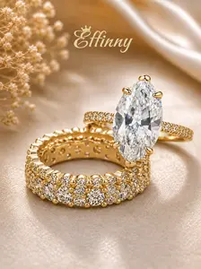 Effinny 14K Gold Plated Non Tarnish 3.5ct Marquise Cut 3PC Wedding Ring Set, CZ Trendy Promise Jewelry with 2 Eternity Bands for Travel-friendly