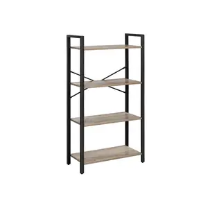 4-Tier Bookshelf with Steel Frame,Classic black frame, greige shelves, X-shaped cross rods