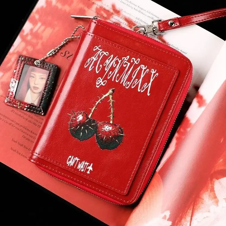 Y2K Spiky Cherry Print Red Wallet Zipper Card Holder With Photo Pendant Wrist Strap