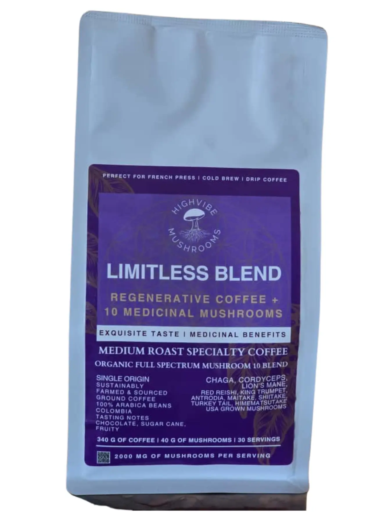 HighVibe Mushrooms LIMITLESS BLEND Regenerative Coffee - Everyday Dose Functional Energy Herbal Blend with 10 Medicinal Mushrooms for Health Benefits & Exquisite Taste Beverage, Everyday Dose Mushroom Coffee, Functional Energy Coffee
