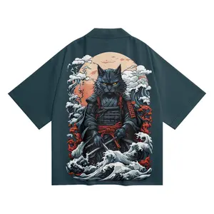 K31 Niepce Blue Japanese Streetwear Lightweight Samurai Cat Kimono for Men
