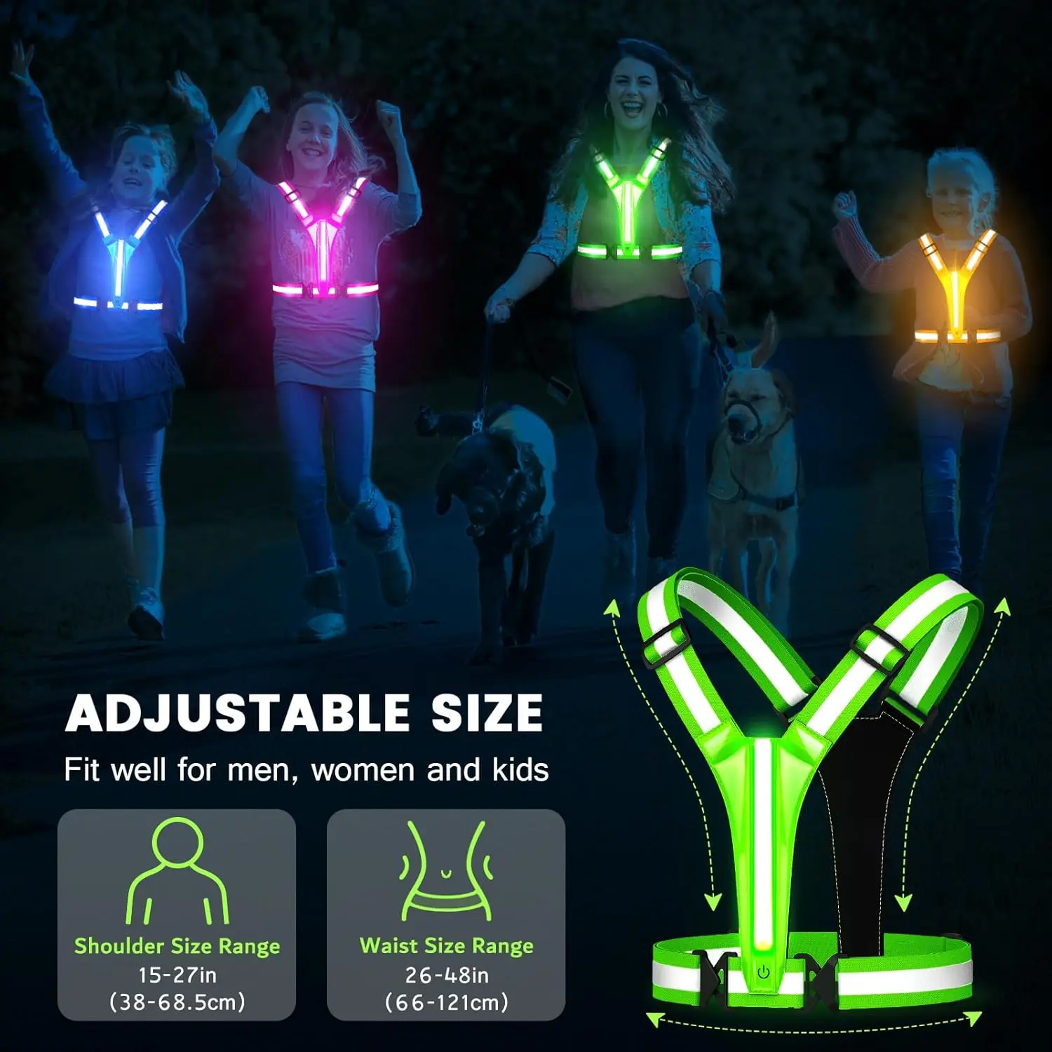 LED Reflective Running Vest, USB Rechargeable Glow in The Dark Safety Gear, Lightweight Synthetic Harness with Adjustable Slip-On Buckle for Unisex Runners, Led Lights