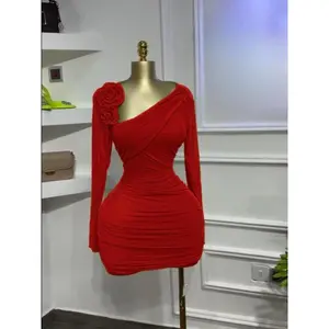 Women’s long-sleeved floral pleated skirt, asymmetrical neckline party/birthday dress, women’s vacation outfit, back-to-school, educational cocktail party dance dress, elastic mini skirt, green dress, red dress GARMENTARY