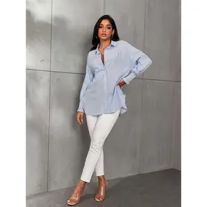 Womens Smocked Striped Button Down Shirt Oversized Boyfriend Shirts Smocked Long Sleeve Casual Blouse Tops for Pocket Shirred Chic Fall Outfit Plus Size Blouse Outfit DLM2552685