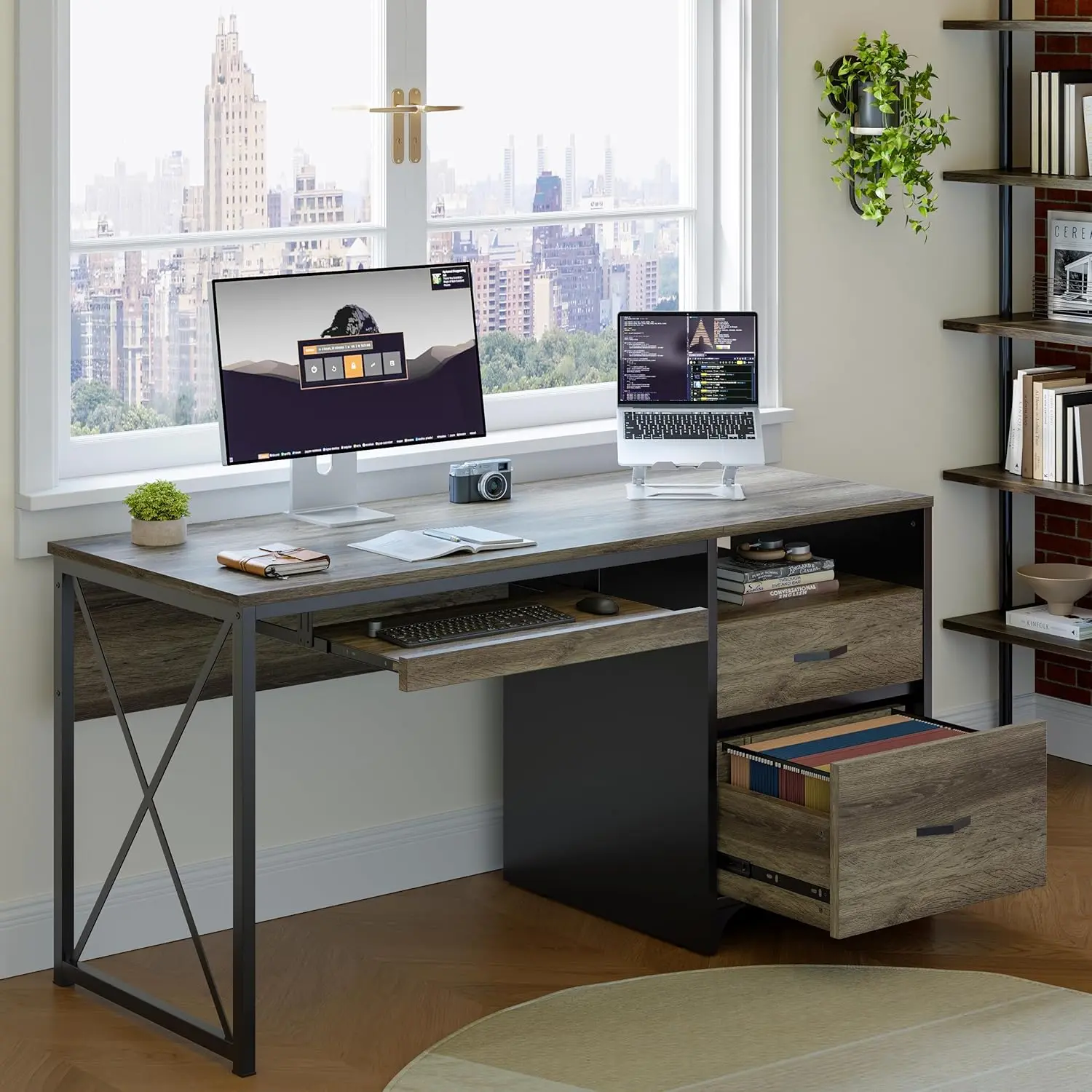 Bestier Office Desk with Drawers, 55 inch Industrial Computer Desk with Storage, Wood Teacher Desk with Keyboard Tray & File Drawer for Home Office, Dark Gray Oak