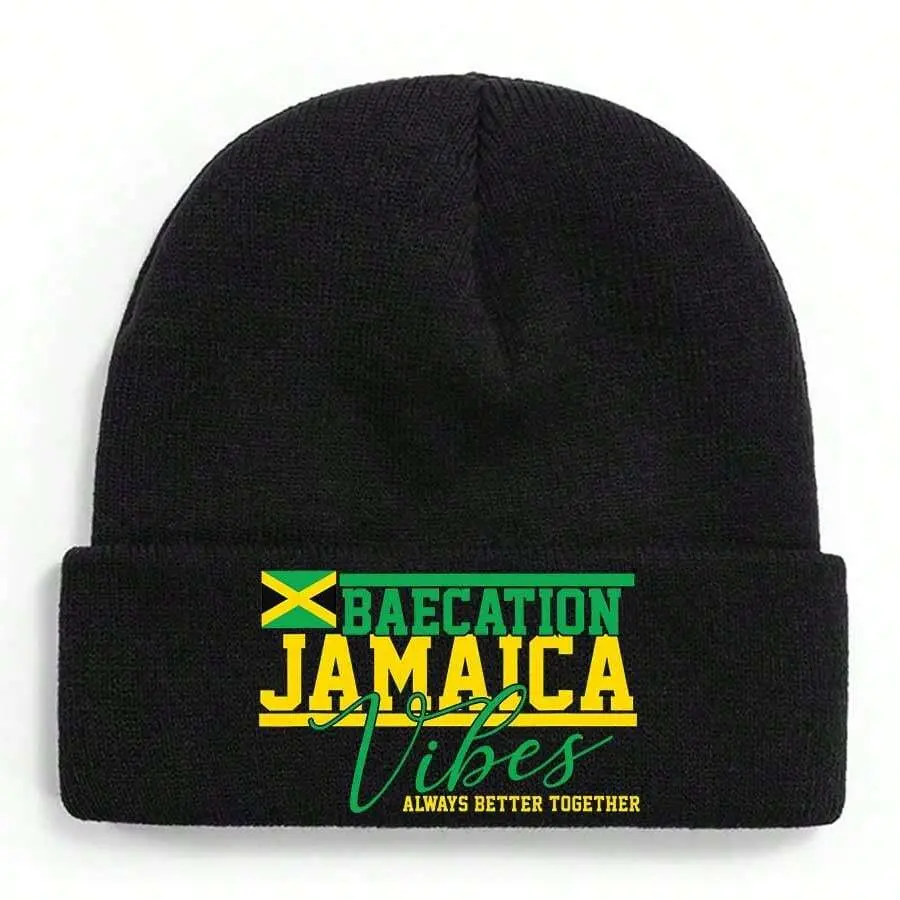 Unisex Graphic Fitted Cuffed Beanie - 300g Soft Stretchable Skin-Friendly Acrylic Knit, Heat Insulating Warm Breathable Everyday Winter Hat, Hand Wash Only Sports & Outdoor Headwear, One Size Cap (Baecation Jamaica Vibes Design)