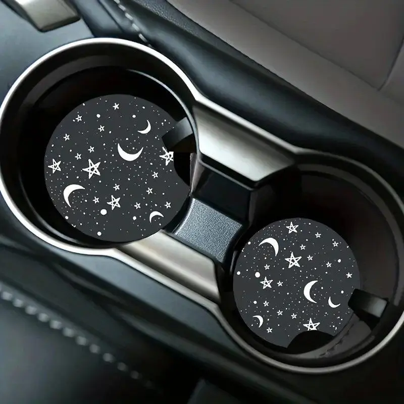 Romantic Moon & Star Pattern Car Coasters, 1 Pair Waterproof Car Cup Mats, Car Interior Decoration Accessories for Men & Women, Vehicle Decor