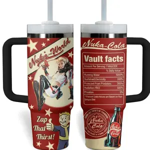 Nuka Cola Tumbler 40oz Fallout Inspired Travel Mug with Handle and Straw Retro Vault Design Cup. 20oz Skinny and curve without handle style tumbler