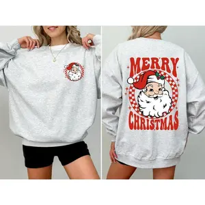Vintage Santa Claus plaid, front and back, Merry Christmas, winter, snow, Christmas sweatshirt, women's round neck, round neck