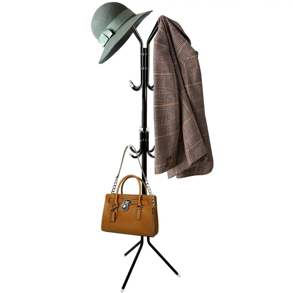 Freestanding Steel Pipe Coat Rack - 12-Hook Waterproof Pre-Drilled Clothes Hanging Rack with Weighted Triangular Base, Weight Limit, Bag & Wallet Bottom for Organizing Coats, Hats, Bags (Black)