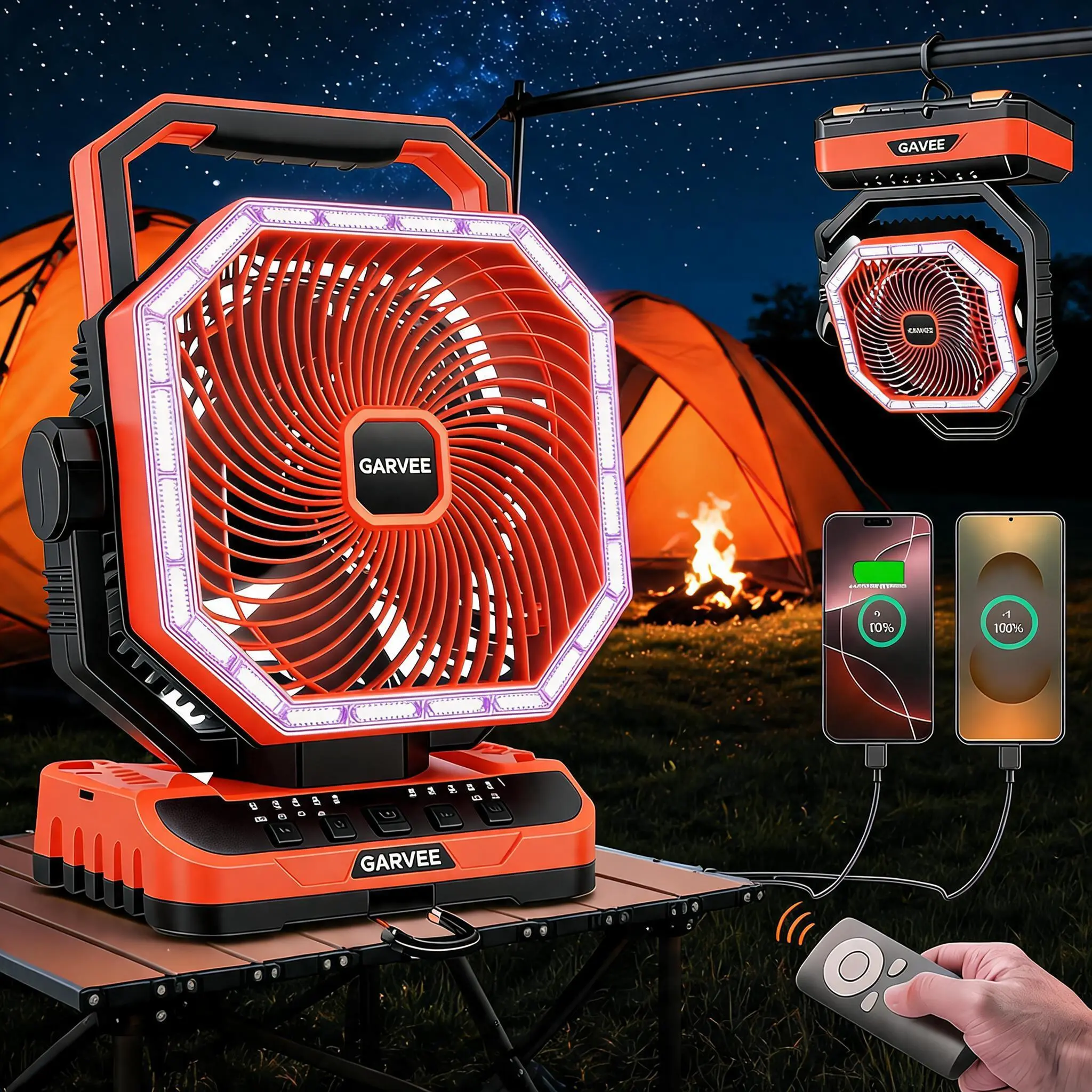 Garvee 2026 Upgraded Camping Fan, 30000mAh Rechargeable Fan with LED Lights & 270° Pivot, 5 Speeds, 360° Hanging Hook, Remote Control Shaking Head Desk Fan for Tent Travel Home Multifunction Outdoor Activities,Tent&CarUse