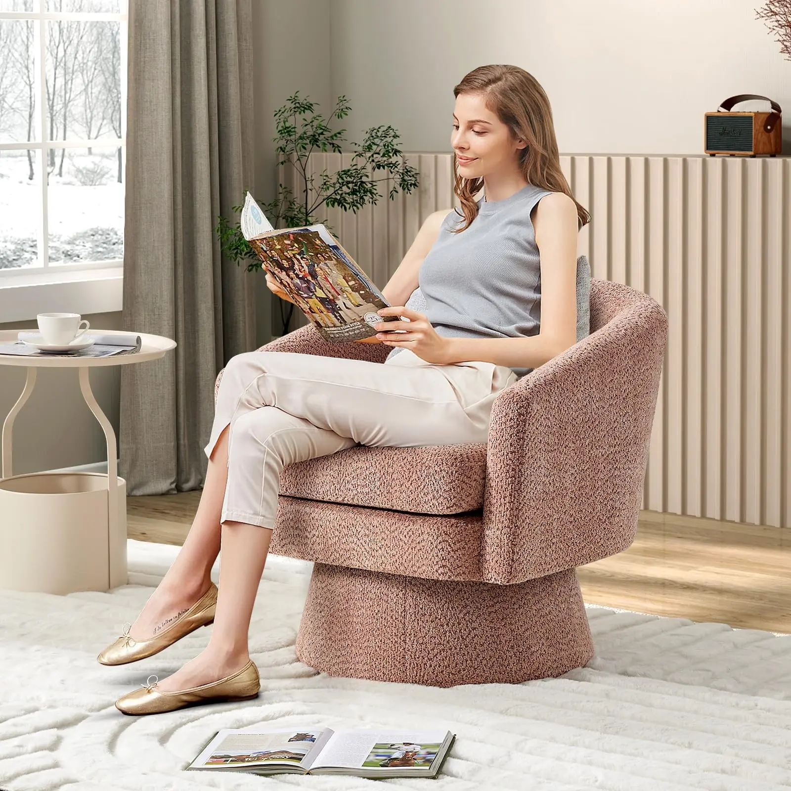Garvee 360° Swivel Armchair with Chenille Fabric Upholstery, Soft Armrests, and Cozy Round Design for Living Room, Bedroom, and Reading Nook Comfort