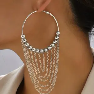 Golden Tassel Hoop Earrings Vintage Inspired Sexy Style with Beaded Tassels Alloy Material Perfect for Daily Wear or Vacation Accessories