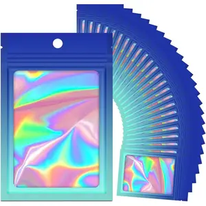 100 Holographic Gradient Mylar Bags with Clear Window, Resealable Zip Pouch, Packaging Party Sample Bags (Gradient Blue, 3.5x4.7 Inch)