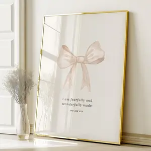Cute Beige Bow Coquette Ribbon Christian Nursery Decor Aesthetic Ribbon, Psalm 139 Fearfully and Wonderfully Made Poster No Frame,Christian Decor Home