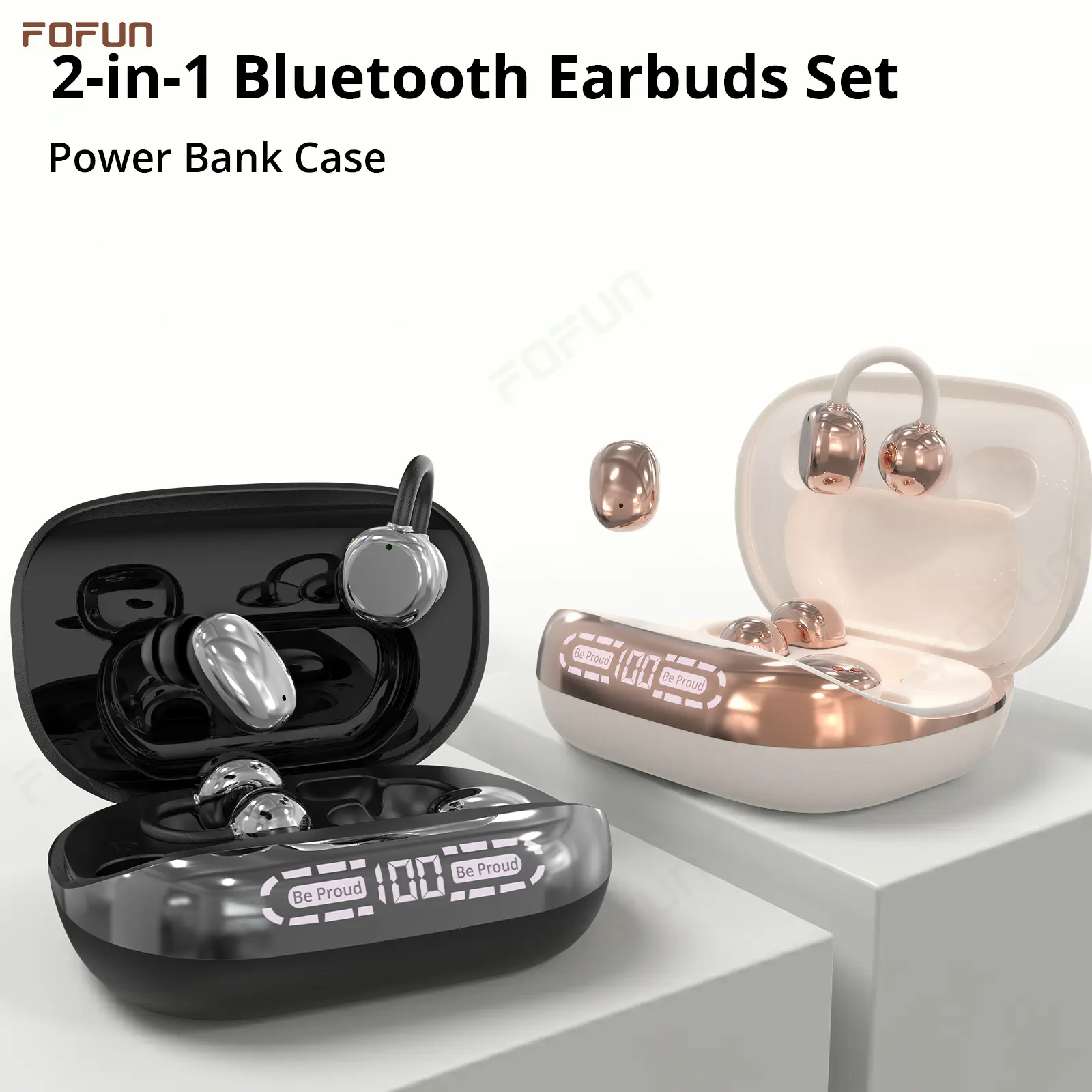 FOFUN F20 Electronic True Wireless In-Ear Clip-On Earbuds – Chargeable Active Sport Headphones with Power Bank Case, Reverse Phone Charging, Ideal for Sports & Sleep, Compatible with Android, iOS & Cells