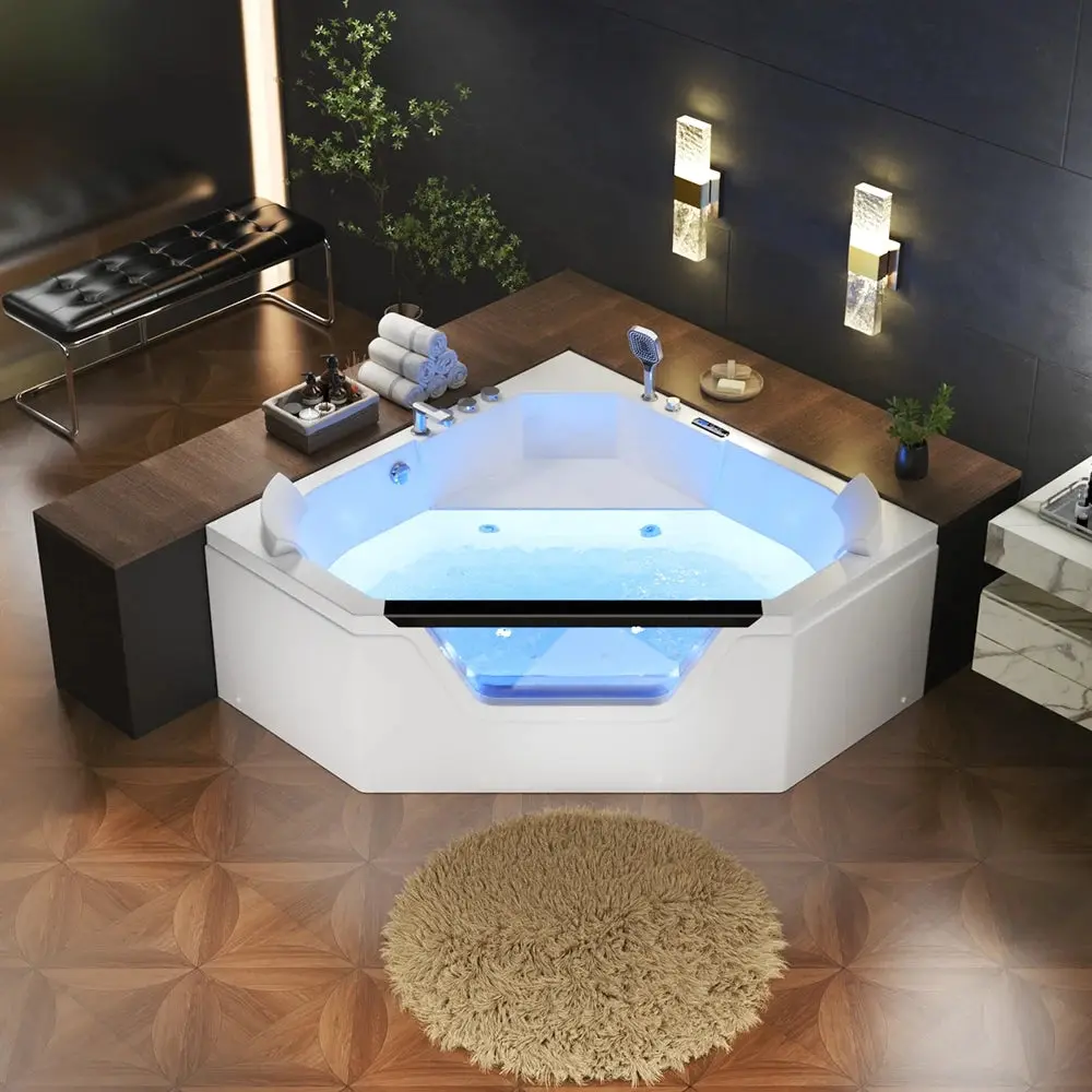 59" Alcove Combo Massage Whirlpool Inline Heater LED Tub with Left Drain