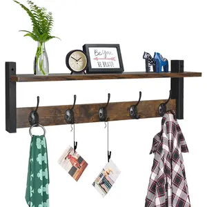 Coat rack with wall mount 24 inch long entryway wall shelf with hooks wood hanger with storage shelf for bathroom hallway rustic brown black