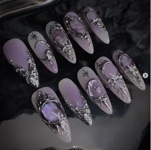 Galactic Chrome Nails with Purple Galaxy Core, Melted Metal Texture & Celestial Stars – Dark Cosmic Fantasy with Lunar Witch Energy