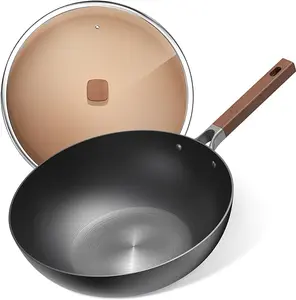 Carbon Steel Wok with Lid - 13.5" Woks & Stir-Fry Pans with Flat Bottom - No Coating, Preseasoned, Suitable for All Cooktops — Electric, Induction, Gas Stoves