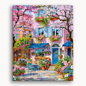 Chunqi Flower House Paint by Numbers DIY Painting for Beginners Canvas Art Decompression Painting Toys with Pink Blossoms and Blue Doors