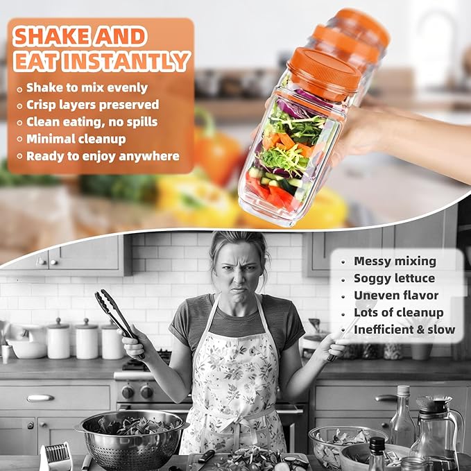 Salad Jar with Side Opening – Double-Lock Leak-Resistant Design, Vertical Layering Keeps Salads Fresh, Leak-Proof Salad Jar with Dressing Cup, Durable Salad Container for Lunch, Meal Prep & Work
