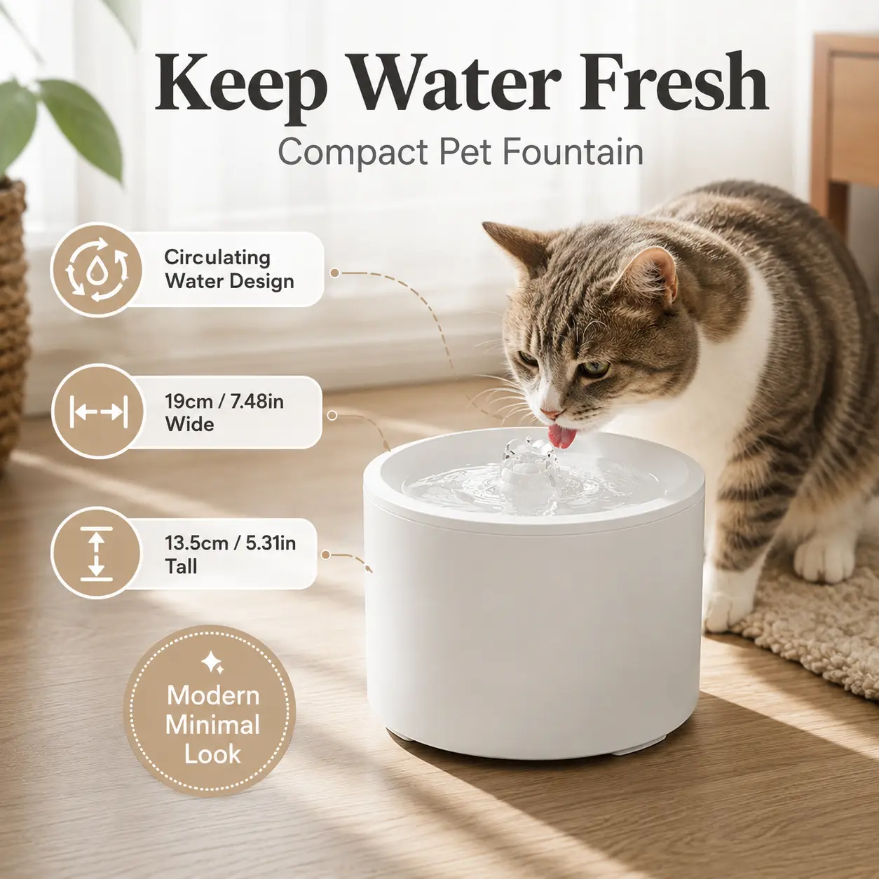 Cat Water Fountain for Indoor Cats, Compact Automatic Cat Water Dispenser with Circulating Water and Replaceable Filter, Easy-Clean Pet Fountain and Cat Drinking Fountain for Home