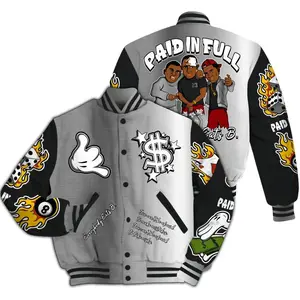 Metallic Silver 14S Varsity Bomber Crafted With Paid In Full Designs, High-Impact All-Over Sneakerhead Streetwear Jacket For Fashion-Forward Fans