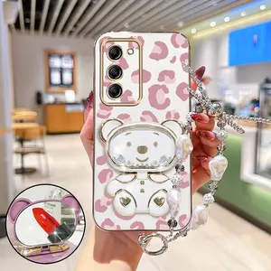 Jewelry Strap Lanyard A02S Shockproof Plating Phone Holder Case Compatible With for Samsung Galaxy A02S Pink Luxury Leopard Print Bear Case Cover for Popular