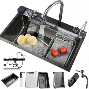 LYTAP Waterfall Smart Kitchen Sink Workstation, Stainless Steel Modern Led High Pressure Kitchen Sink, Drop in Single Bowl Topmount Farmhouse Workstation Sink with Multiple Accessories, 31.5x18 Inch, Gray/Brushed Gold