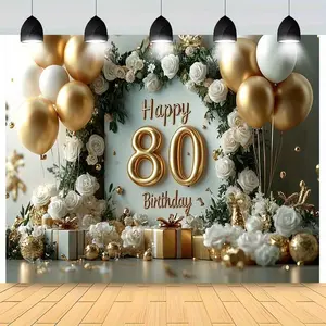 Elegant 80th Birthday Party Banner with Golden Balloons & Floral Design - Happy Anniversary Decoration for Indoor/Outdoor Celebrations, No Power Needed, Polyester Material Ornaments Flower
