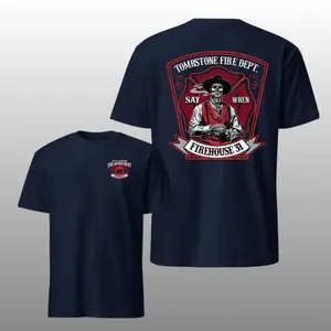 Say When Tombstone Fire Dept Skeleton T-Shirt, 2 Sides, Firehouse 31 Western Skull Graphic Tee