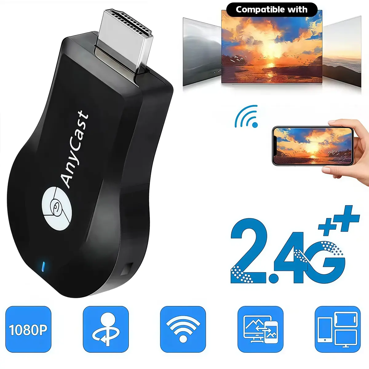 Mini Wireless HDMI Transmitter, AirPlay & Miracast Screen Mirroring Adapter, Dual Mirror/Display Modes, No Extra APP Needed, Plug & Play for Home/Office/Classroom