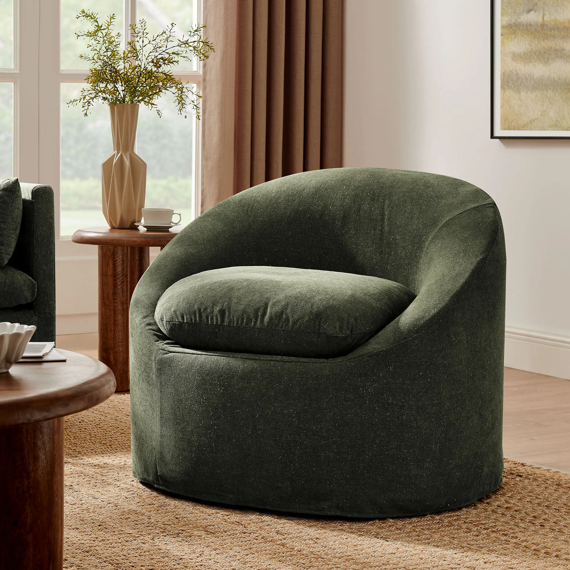 Sadie Slipcovered Linen-Blend Round Accent Chair in Sage