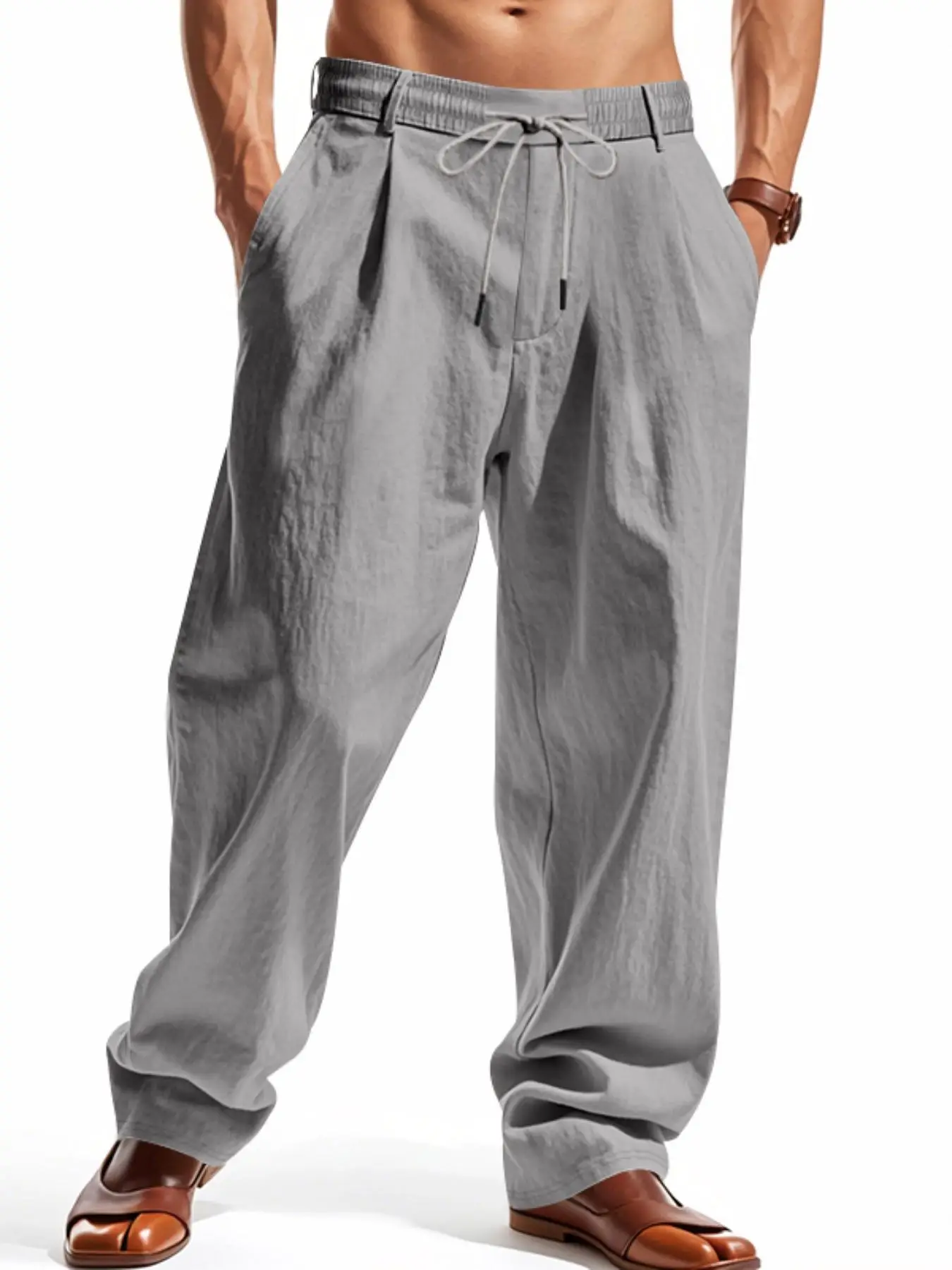 Men's Solid Color Linen Pants, Regular Fit Casual Comfy Wide Leg Trousers for Spring & Fall, Men Bottoms for Daily Wear, Beige