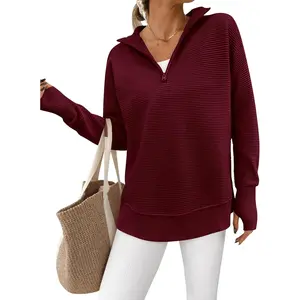 Womens Long Sleeve Quarter Zip Pullover Sweater Casual Loose V Neck Collared Ribbed Knit Jumper Tops Thumb Hole
