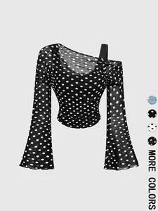 1 Piece Retro Polka Dot One-Shoulder Flare Sleeve Knit Blouse Top - Sheer Mesh Design- Lightweight and Breathable, Elegant for Work and Date Night , Perfect for Vacation and Daily Wear