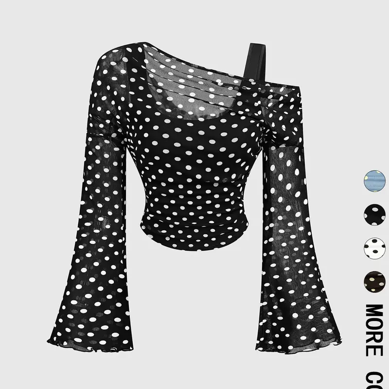 1 Piece Retro Polka Dot Asymmetrical Neckline Flare Sleeve Blouse, Elegant Casual Top, Sheer Mesh Design, Lightweight and Breathable Fabric, Long Sleeve, Ideal for Office, Date Night, Vacation and Daily Wear, Flounce Sleeve Shirt