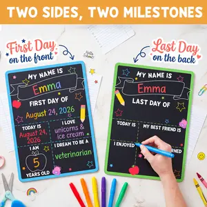 First & Last Day of School Sign (6 Markers + Pencil Flag Included) - 10x14 Reusable Back to School Chalkboard 1st for Kindergarten Preschool Daycare, Double Sided Dry Erase Board Photo Props for Kids