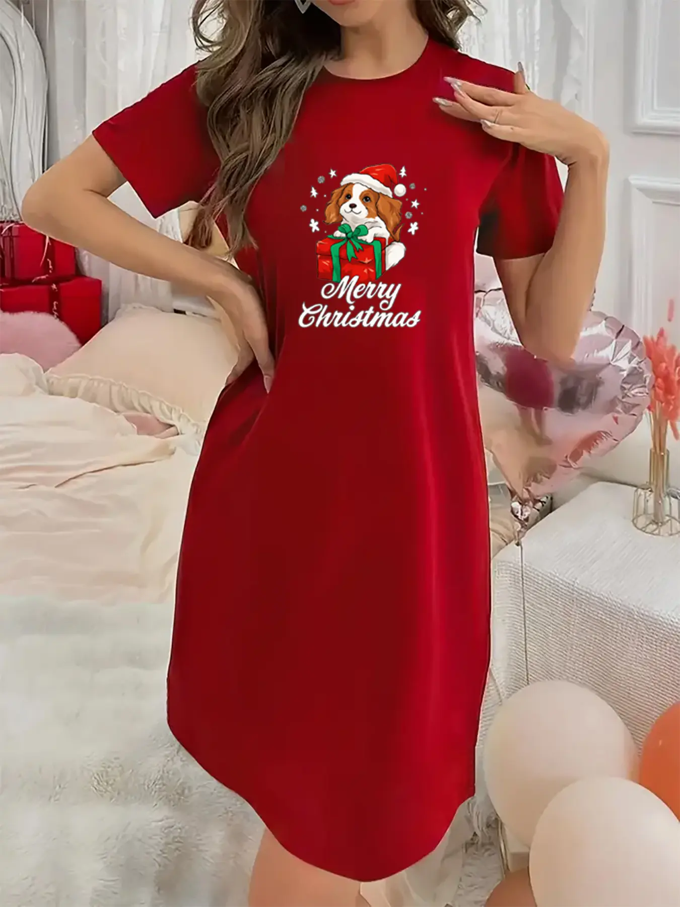 Soft Micro Elastic Summer With Beagle Gift Print Short-Sleeved Crew Neck Night Dress - Machine Washable, Casual, Comfortable Homewear For Women Cute Short gown night gown women Suitable for Halloween, Christmas and Thanksgiving