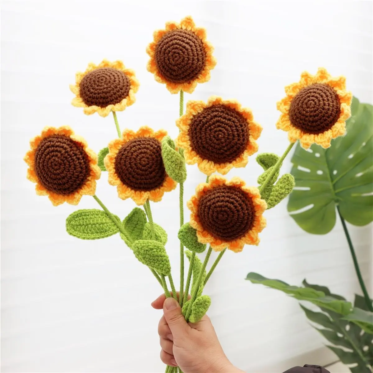 Sunflower Design Crochet Flower for Home Decor, 7 Counts/set Artificial Flower without Vase, Handmade Crochet Flower, Girlfriend Gifts, Bouquet, Decorative Flowers, Artificial Flower Decoration