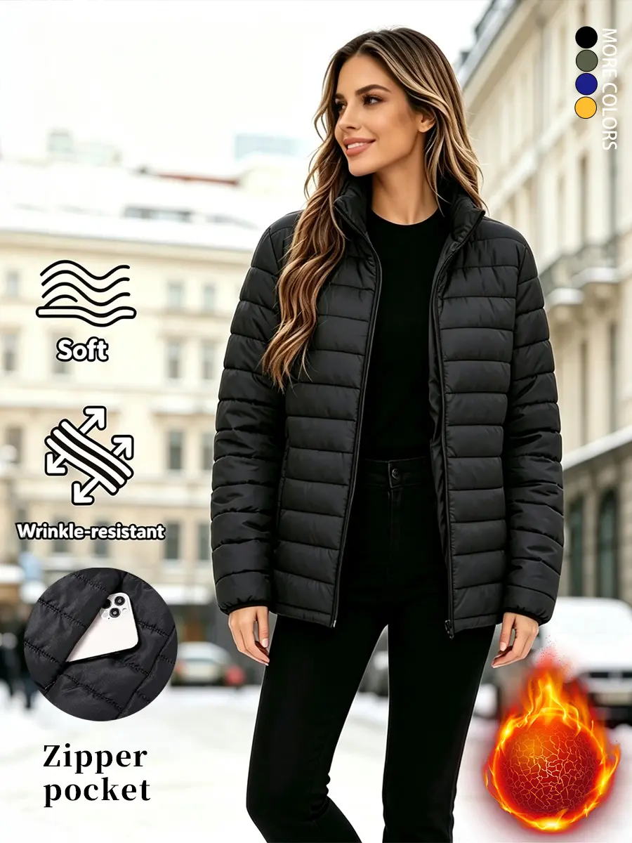 Women’s solid-color zip-up jacket, warm long-sleeve cotton outerwear (runs large—order one size down), hidden zipper pockets, suitable for autumn and winter, cold-resistant cotton coat/padded vest for outdoor everyday wear, new arrival for fall.