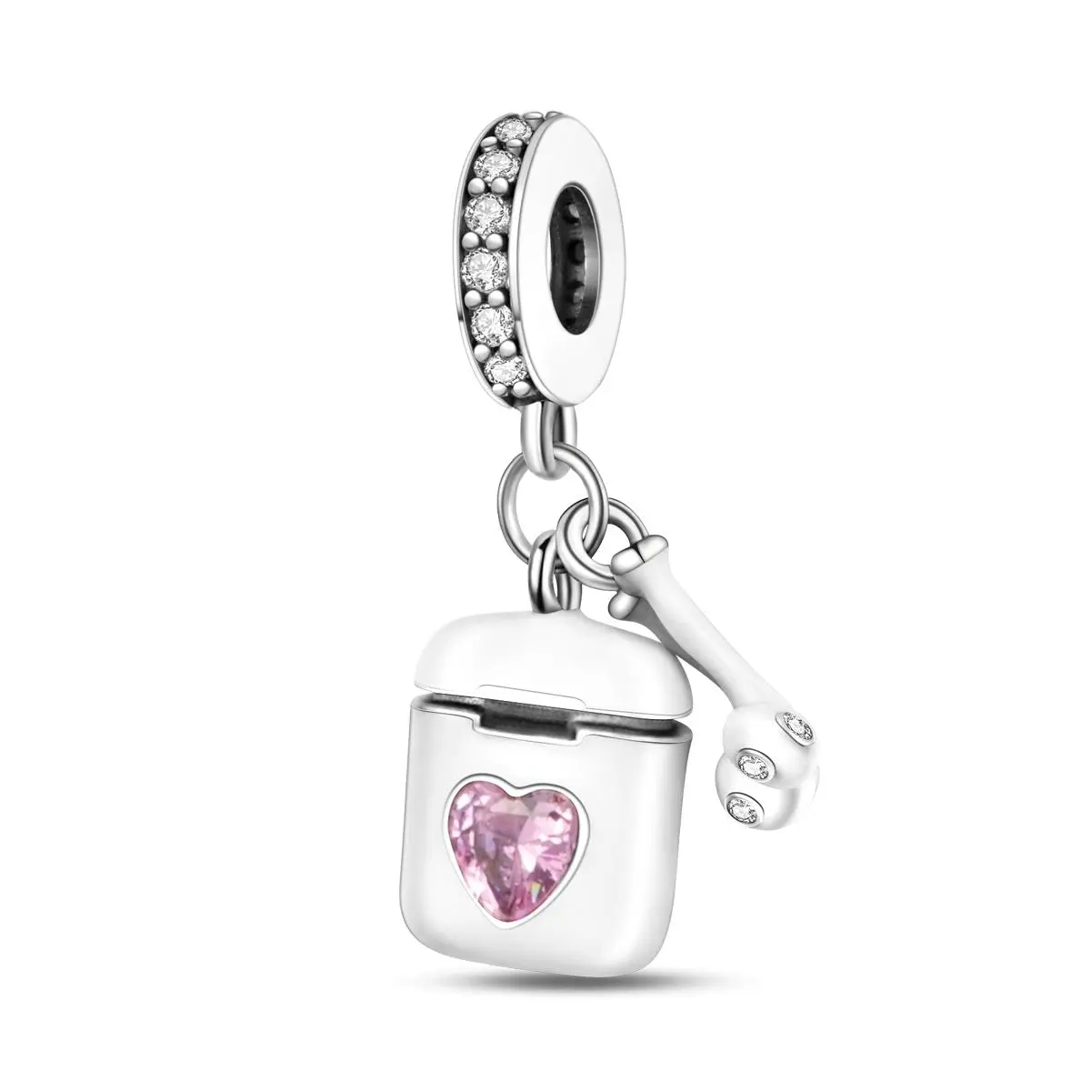 MULA 925 silver plated wireless earbud charm | Heart-shaped pink zircon and enamel details | Music lovers and tech style jewelry | Perfect for Pandora bracelets and necklaces | A stylish gift for the modern woman